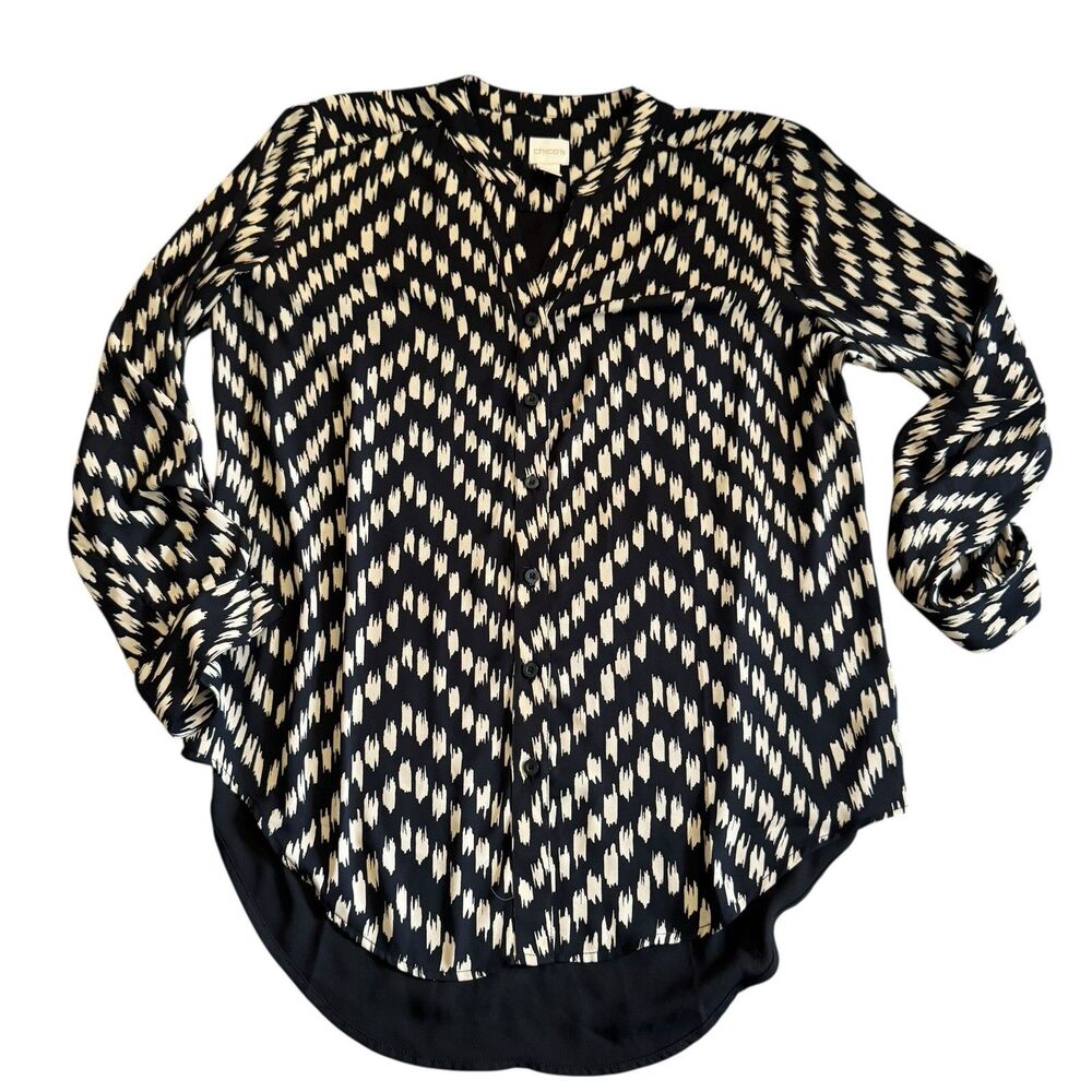 Chico's Black Beige Geometric Long Sleeve V-neck‎ Long Sleeve Tunic 2 Button